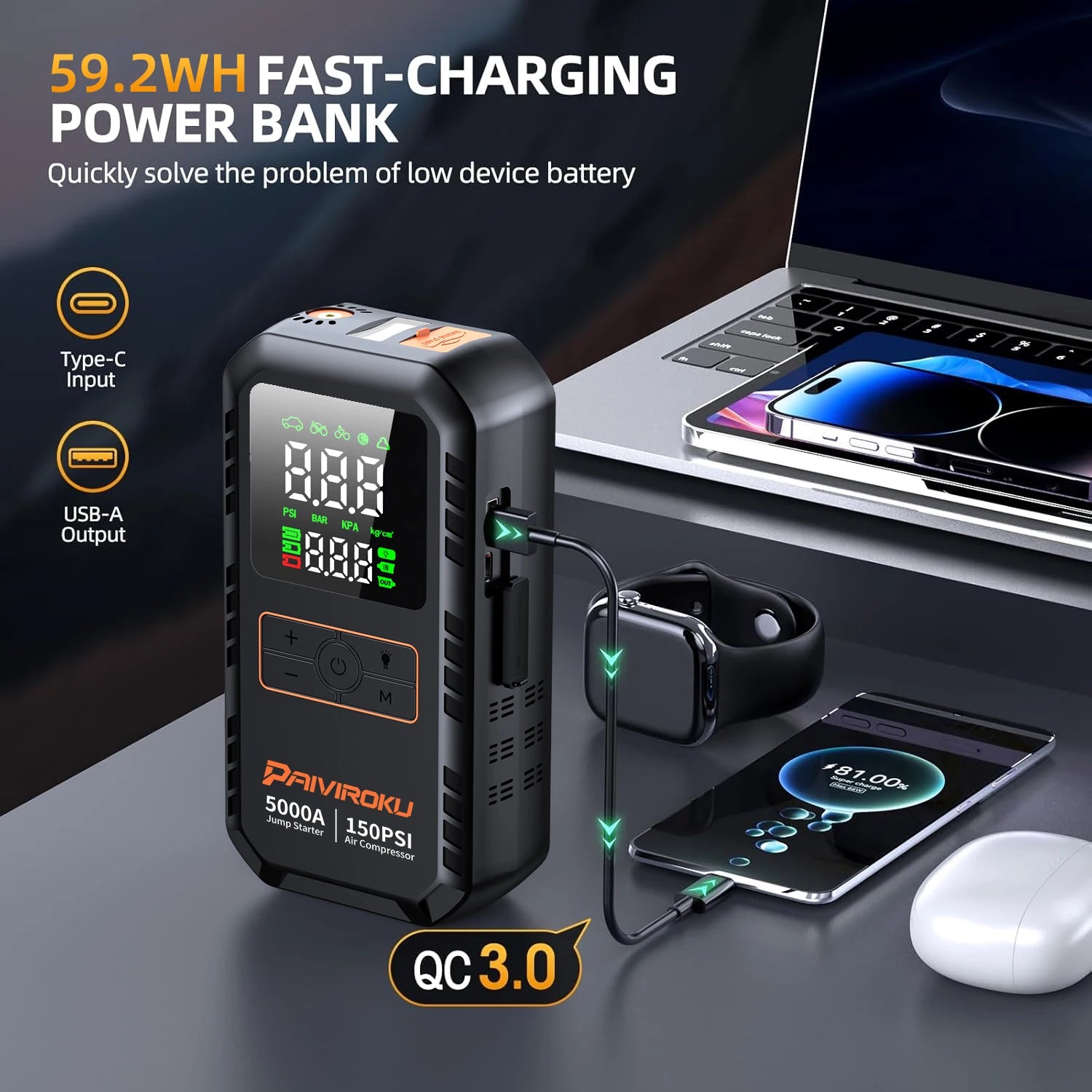 4-IN-1 Car Jump Starter with Air Compressor